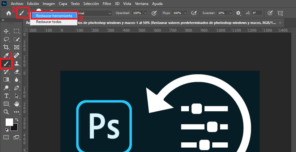 como restaurar una herramienta de photoshop a los valores predeterminados