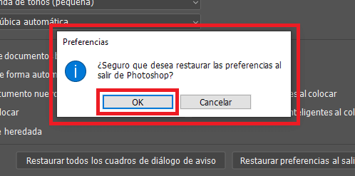 revertir la configuración de Photoshop a los valores predeterminados del programa 