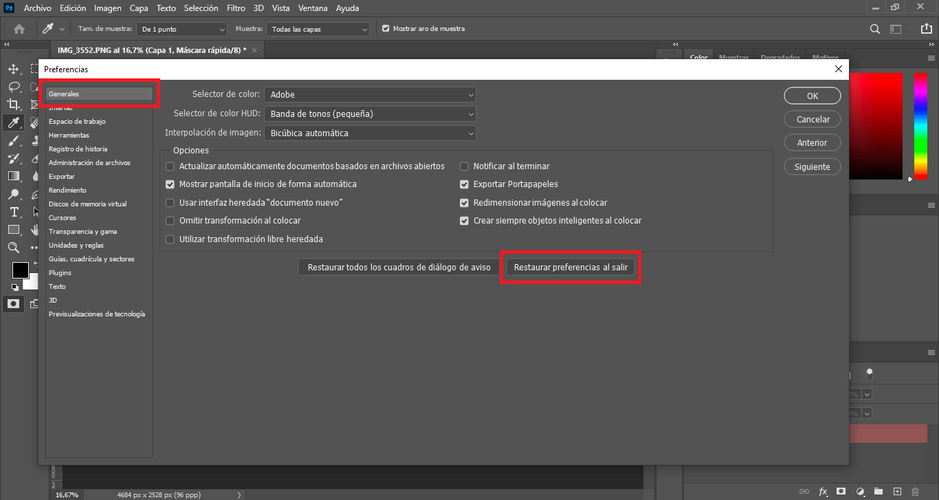 restaurar photoshop a los valores predeterminados