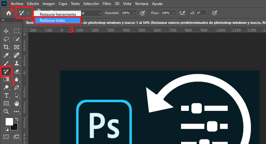 como restablecer todas las herramientas de photoshop a los valores predeterminados