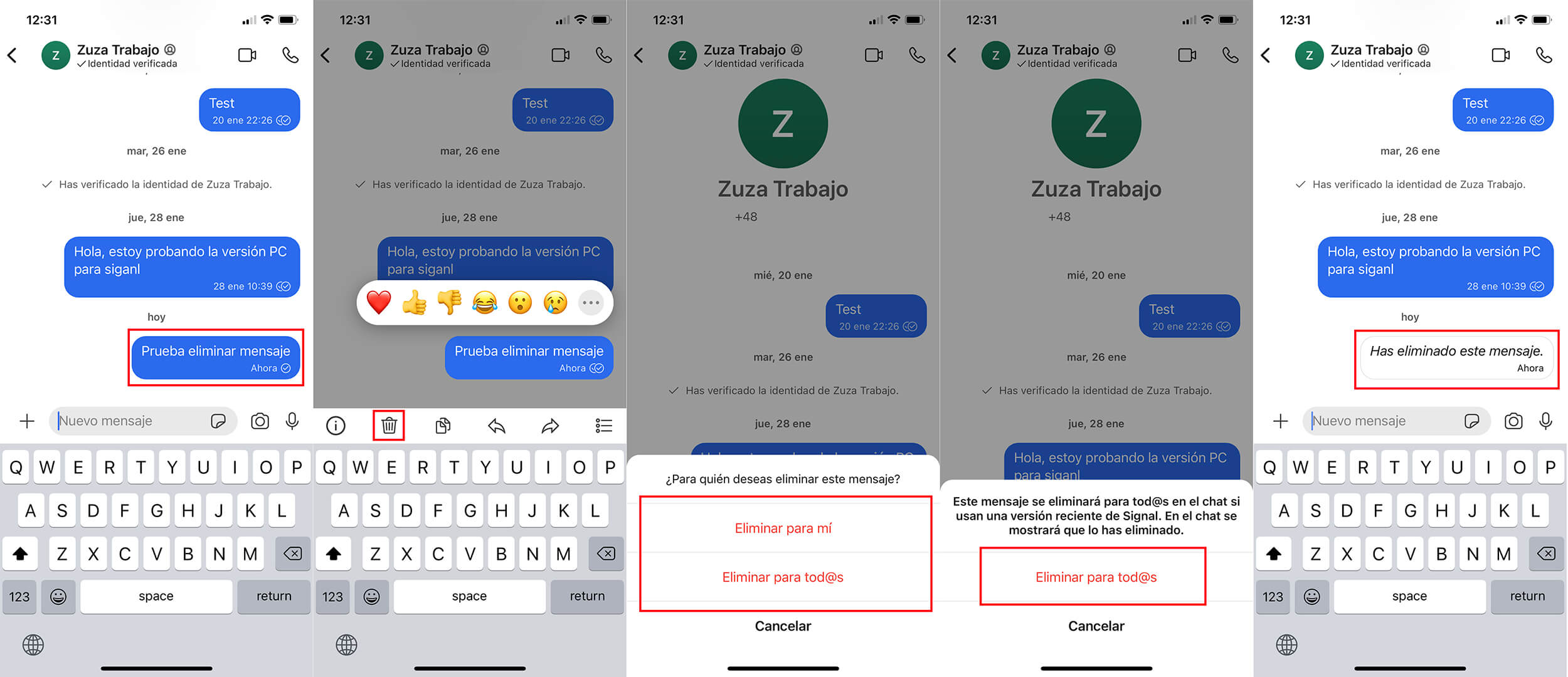 como borrar mensajes enviados en los chats de Signal