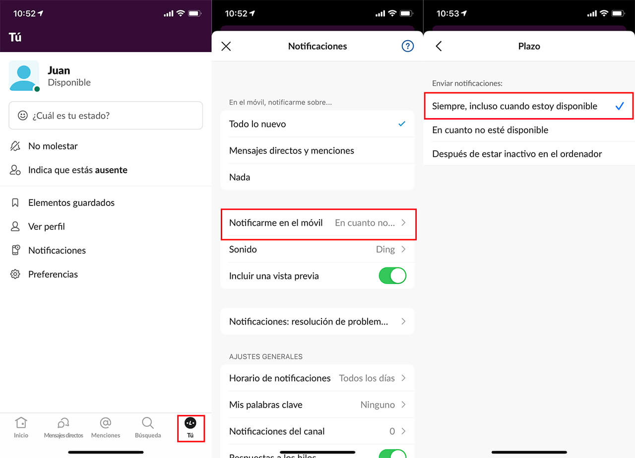 Slack no muestra las notificaciones en la app