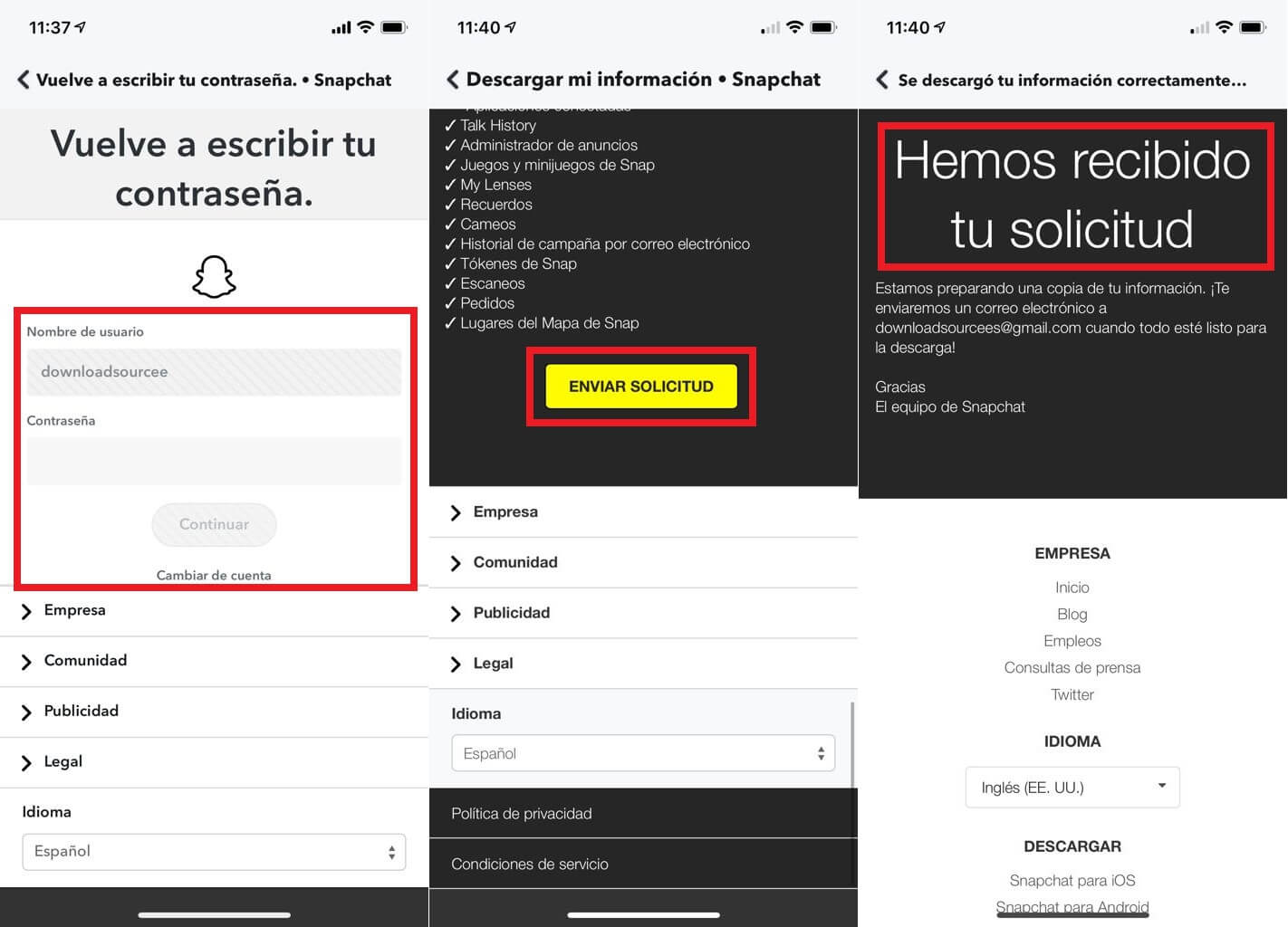 como descargar la información de tu cuenta de Snapchat