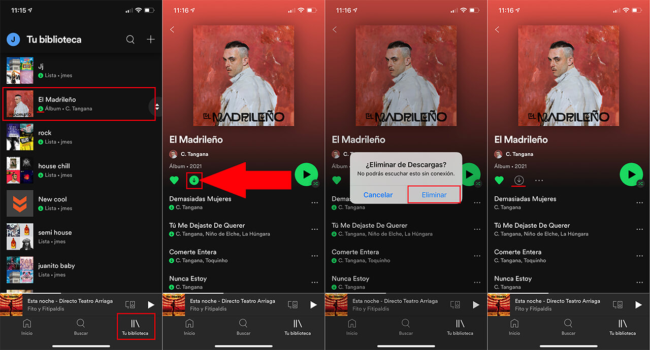 como eliminar las descargas de canciones de la app Spotify en Android o iPhone