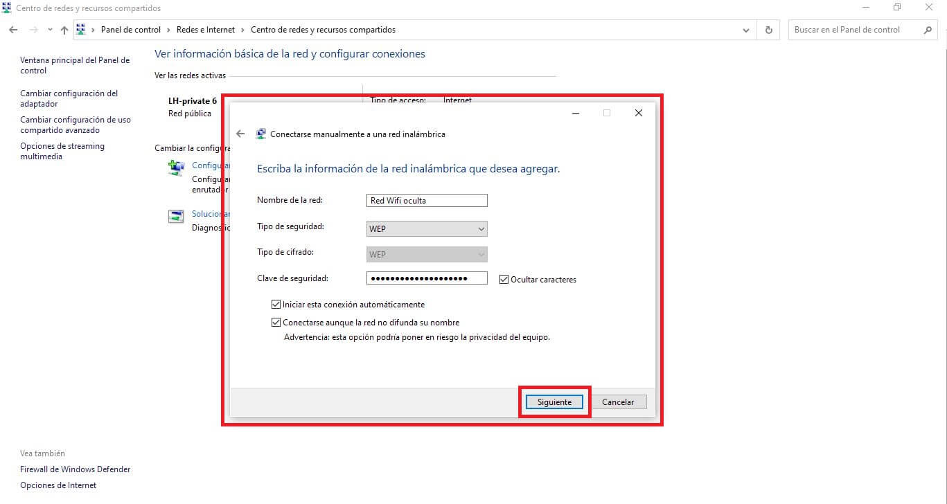 Windows te permite añadir una red Wifi de forma manual en el caso de que esta esté oculta