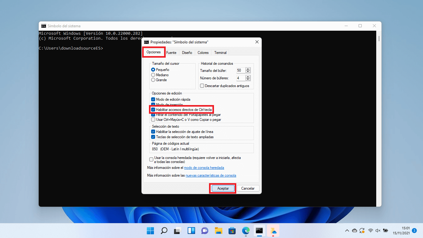 activar los atajos ctrl + c y ctrl + v para copiar y pegar en el CMD de windows 11