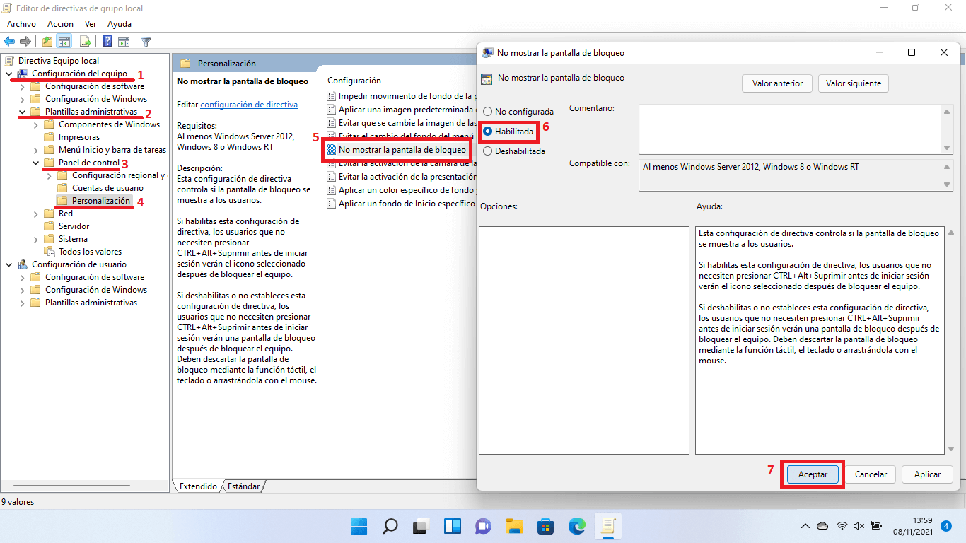 como quitar la pantalla de bloqueo de Windows 11