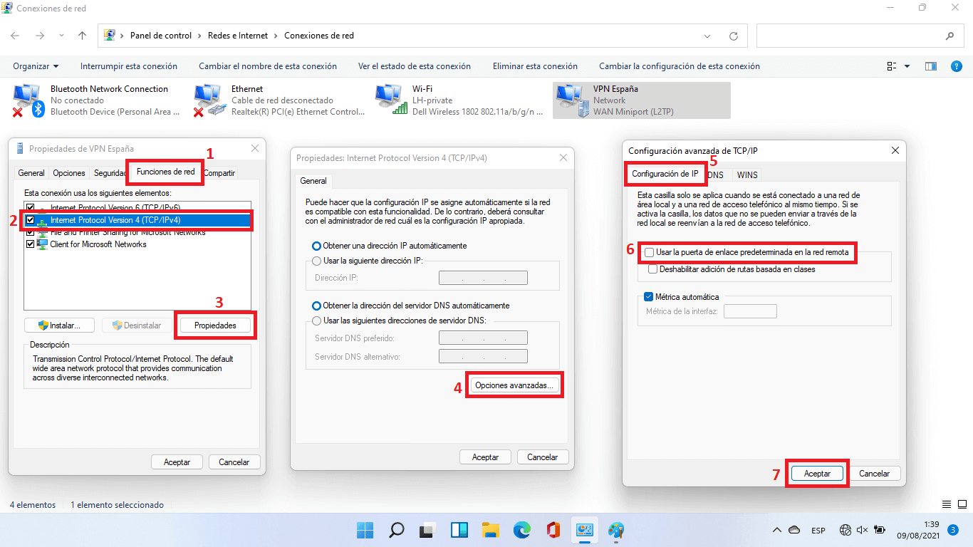 no tengo internet al activar la vpn en windows 10 11