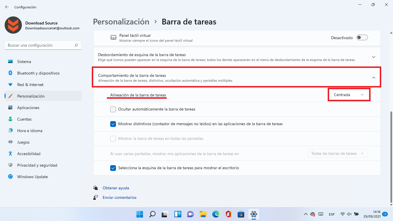 como cambiar la posición de los iconos de la barra de tareas de windows 11