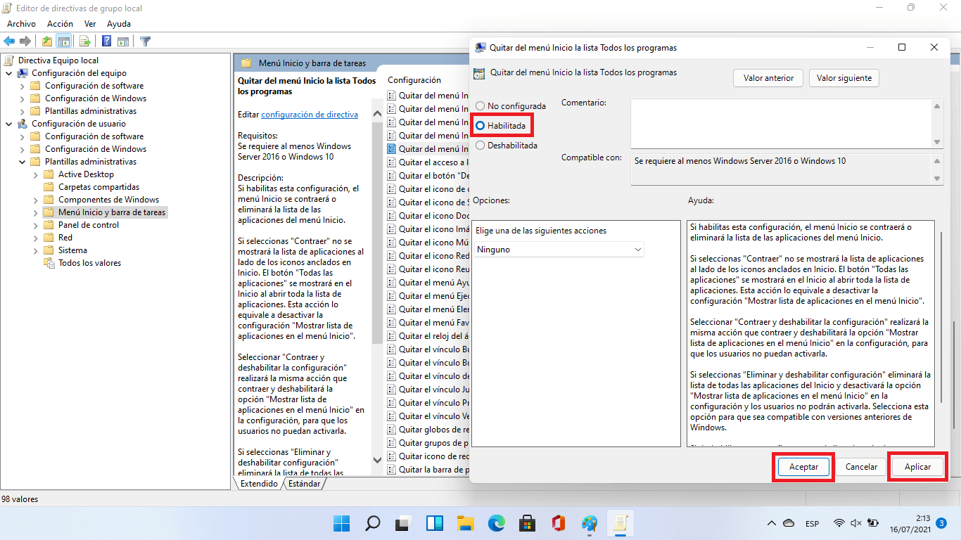 quitar la lista de apps del menú de inicio de Windows 11