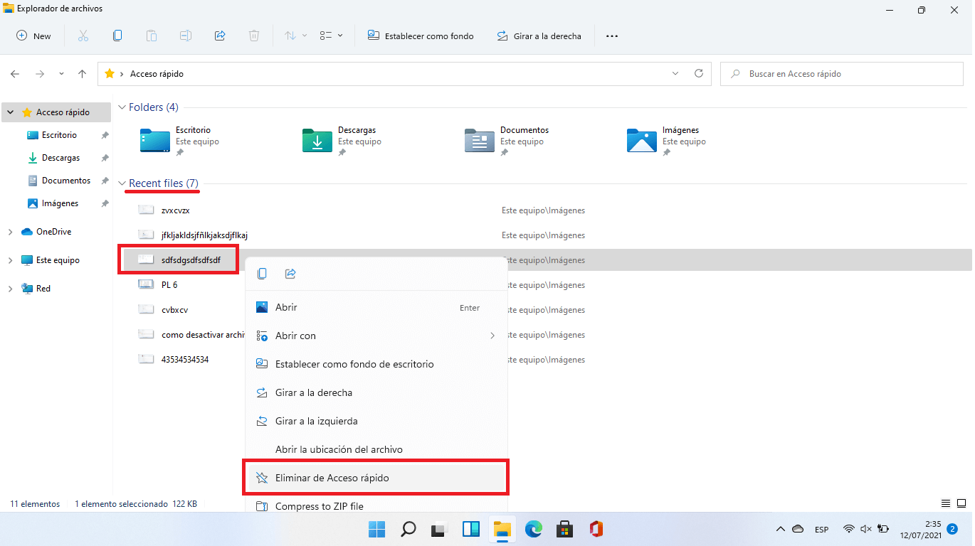 desactivar la sección de archivos recientes en windows 11