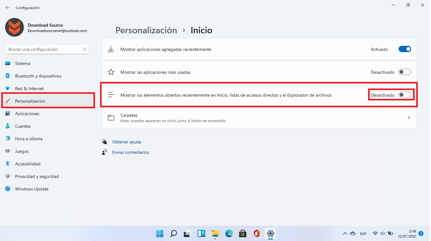 windows 11 permite desactivar la lista de archivos recientes
