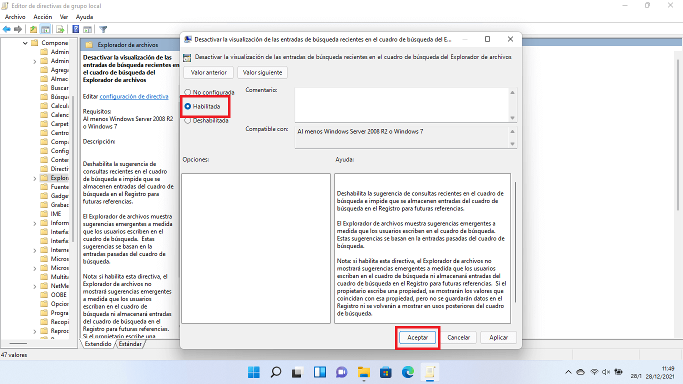 impedir que los resultados de busqueda de windows 11 muestren enlaces