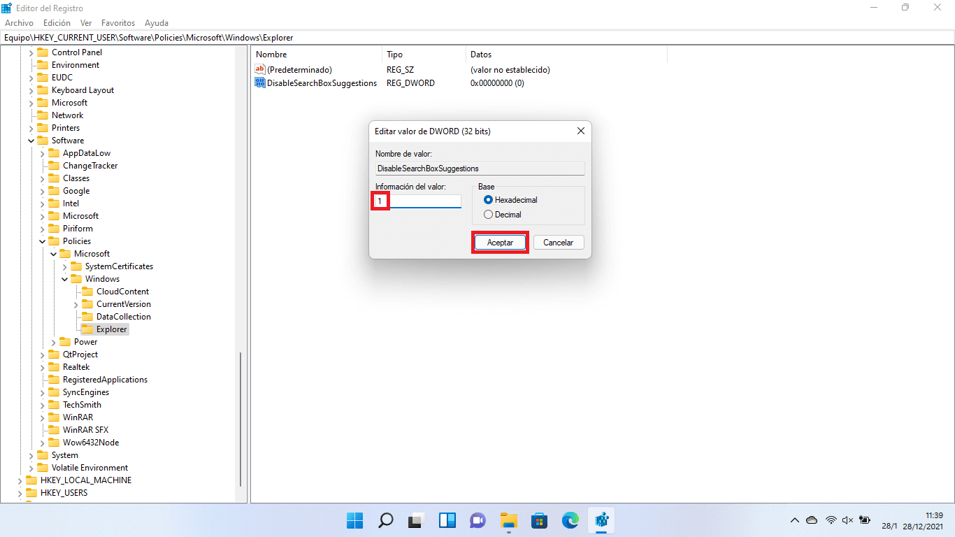 no mostrar links en los resultados de búsqueda de Windows 11