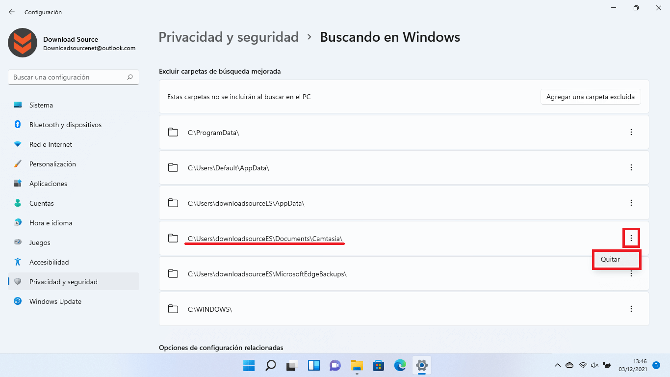no mostrar una carpeta en la busqueda de windows 11