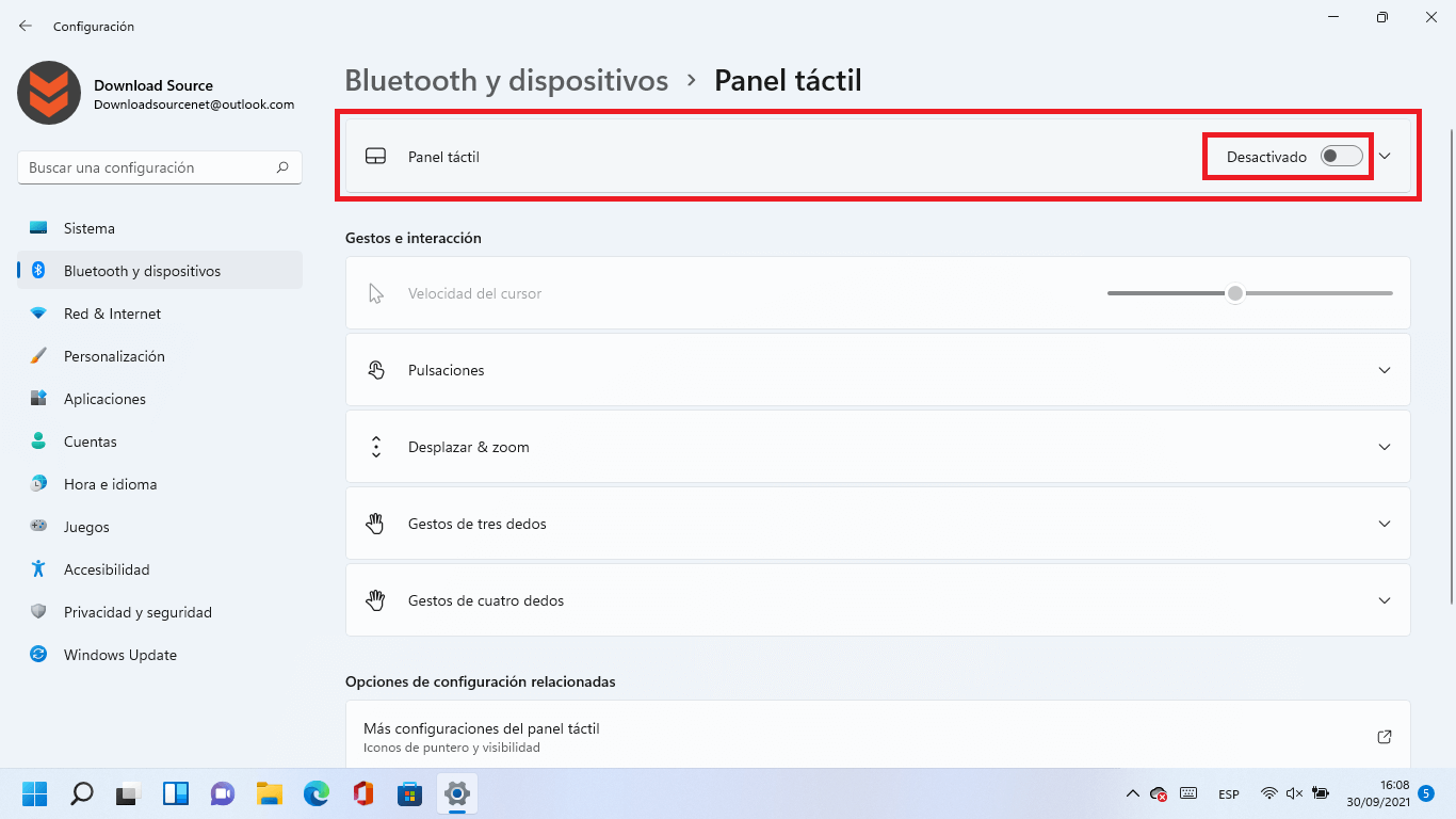 como deshabilitar el panel táctil de Windows 11