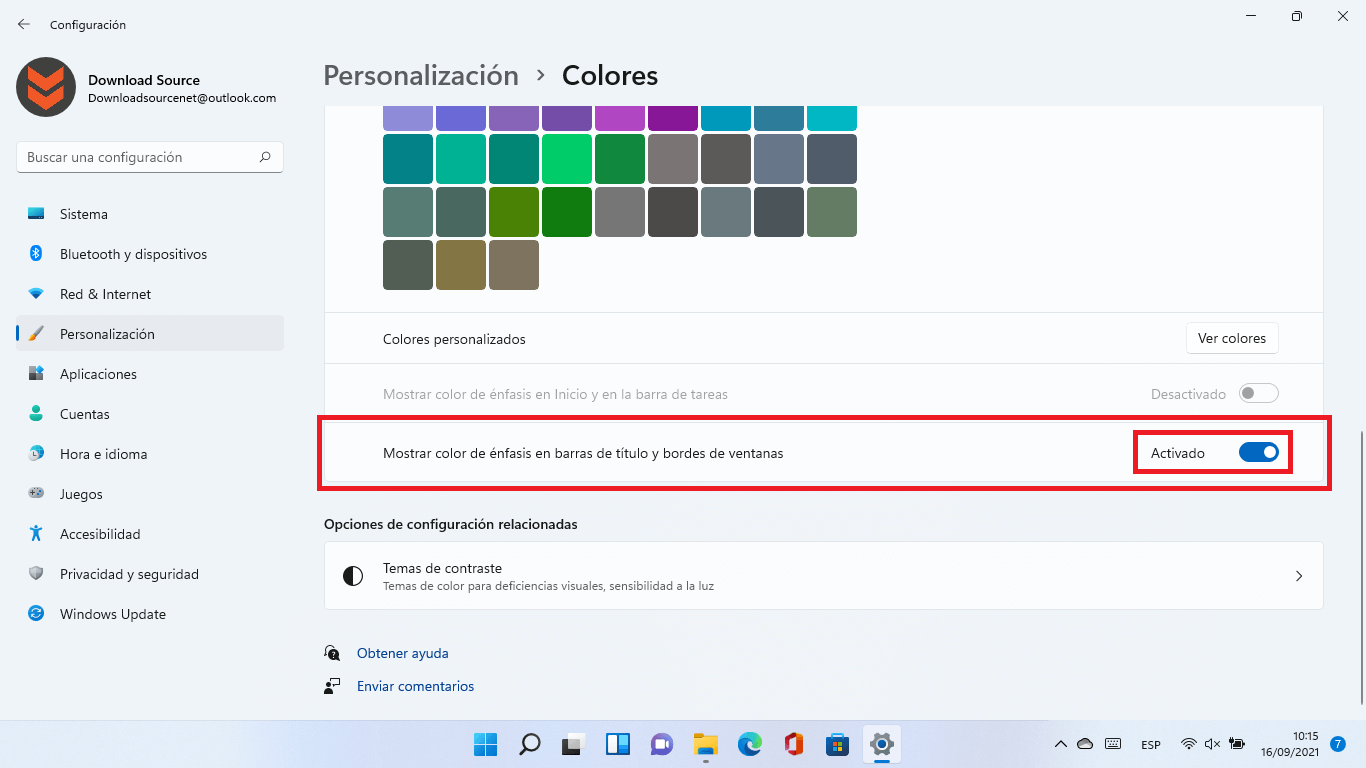 color en los bordes de ventanas de Windows 11