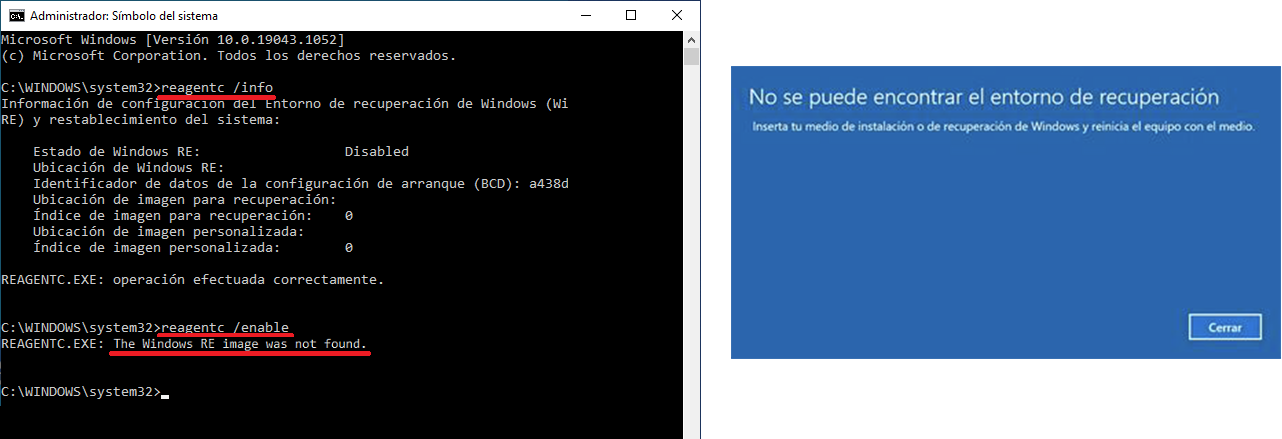 “REAGENT:EXE: The Windows RE imagen was not found” o “No se puede encontrar el entorno de recuperación”