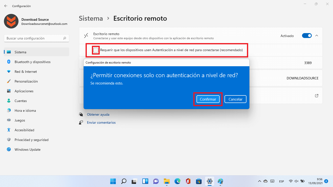 activar el acceso remoto al escritorio con Windows 11
