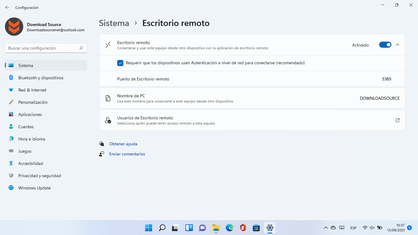 escritorio remoto en windows 11 activado