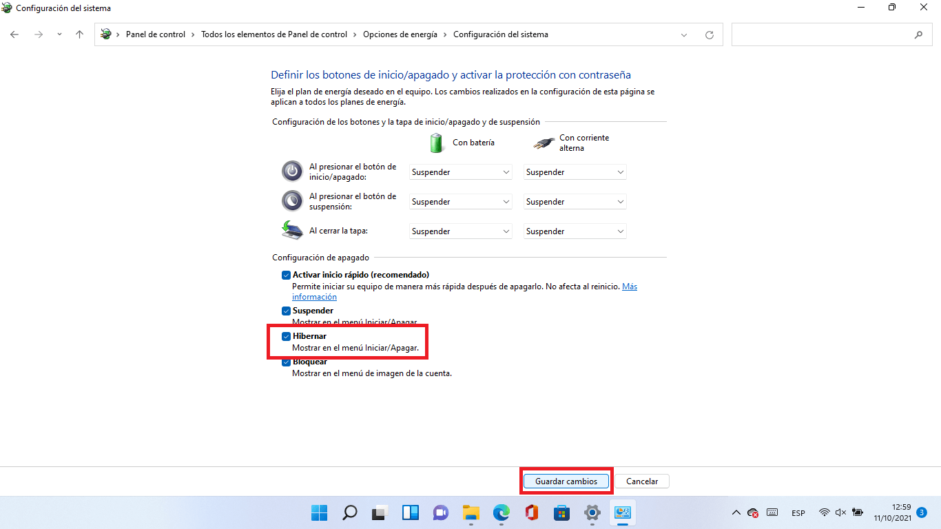 como activar la opción hibernar en windows 11