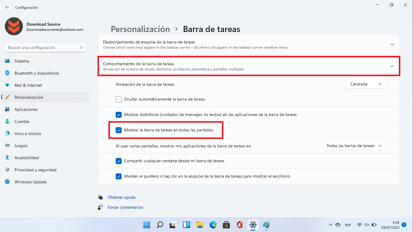como permitir que la barra de tareas de Windows 11 se muestren en varios monitores