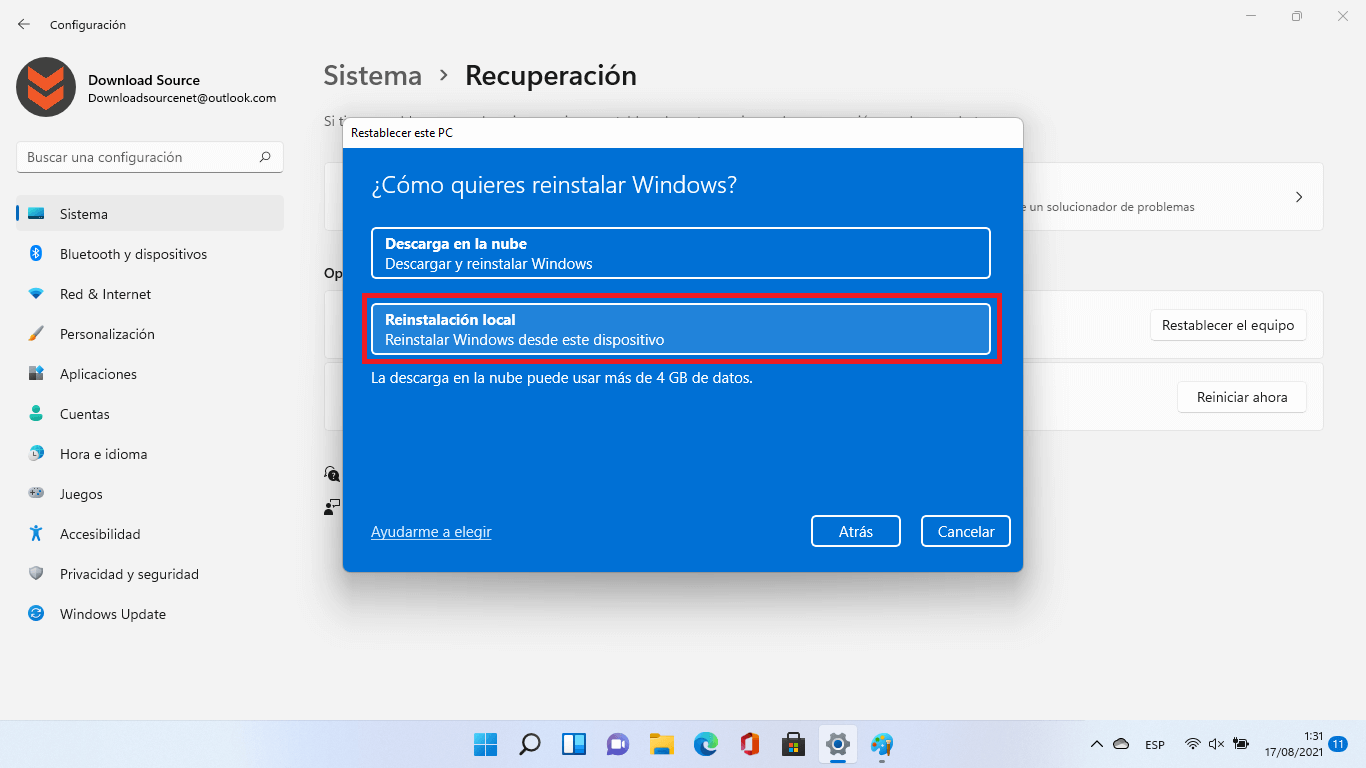 reinstalacion local de windows 11