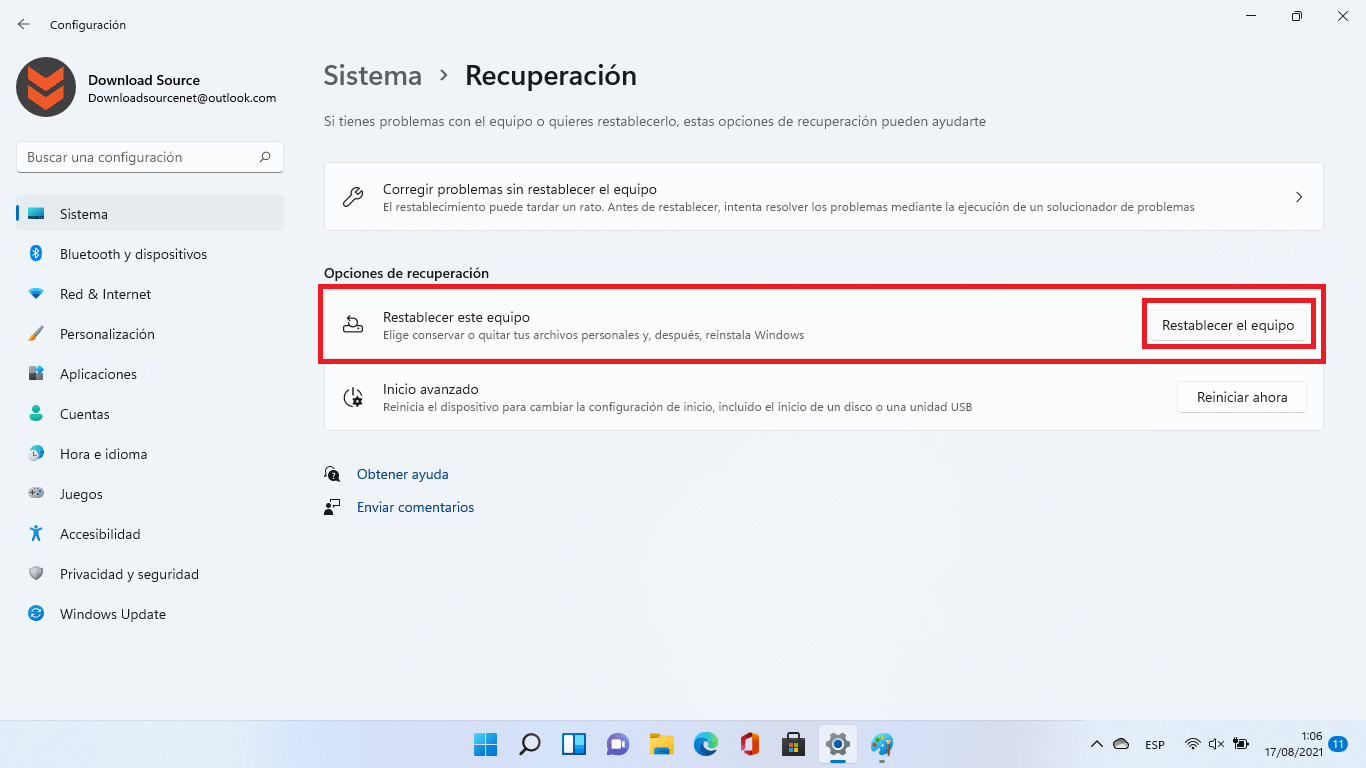 acceder a la restauracion del sistema en windows 11