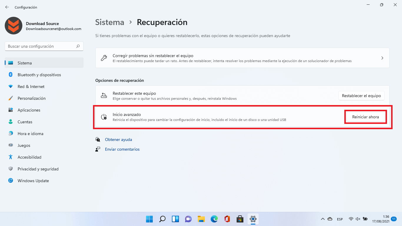 inicio avanzado para reinstalar windows 11