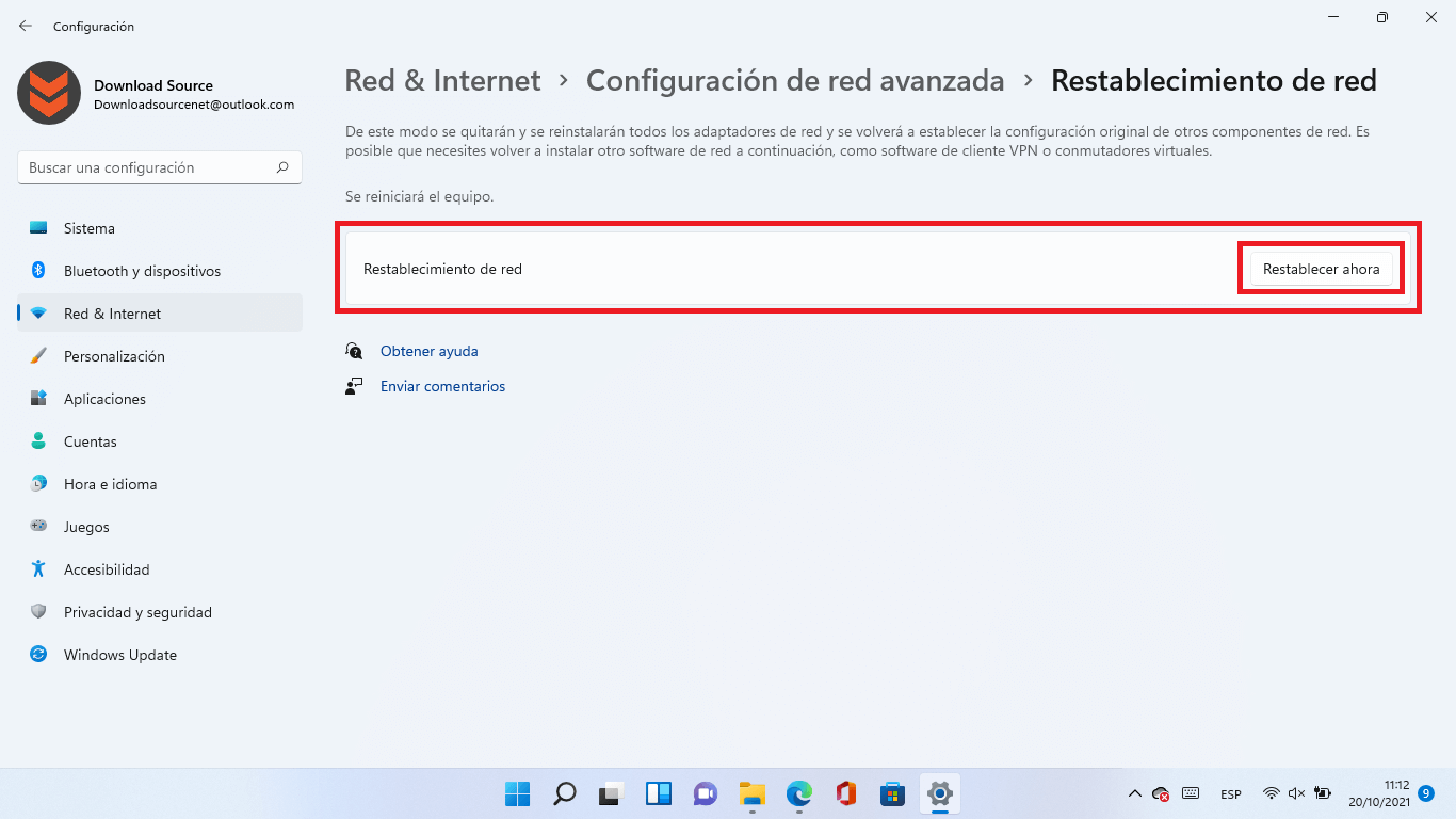 devolver la configuracion de red a la predeterminada en windows 11