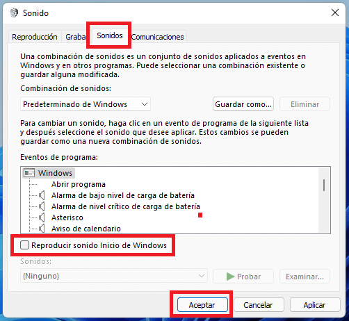 como deshabilitar el sonido de inicio de windows 11