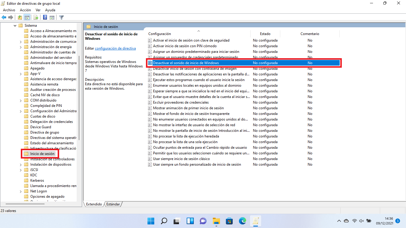 deshabilitar el sonido de inicio de windows 11