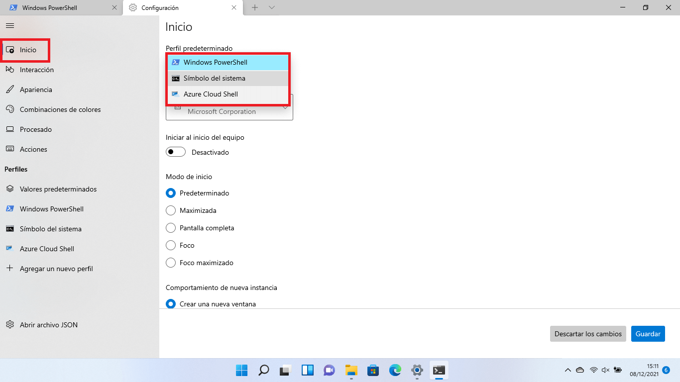usar cmd, powershell o azure cloud shell como predeterminada en windows 11
