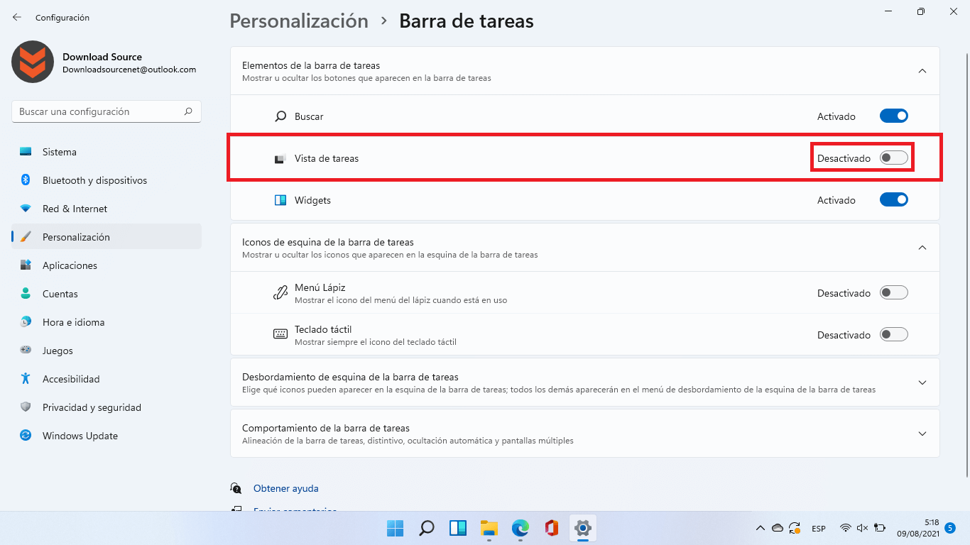 ocultar la vista de tareas de la barra de tareas en windows 11