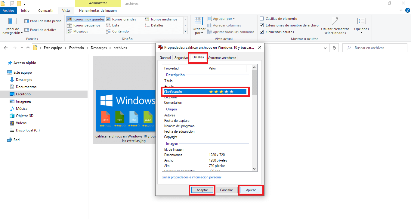 estrellas de clasificación de archivos en windows 10
