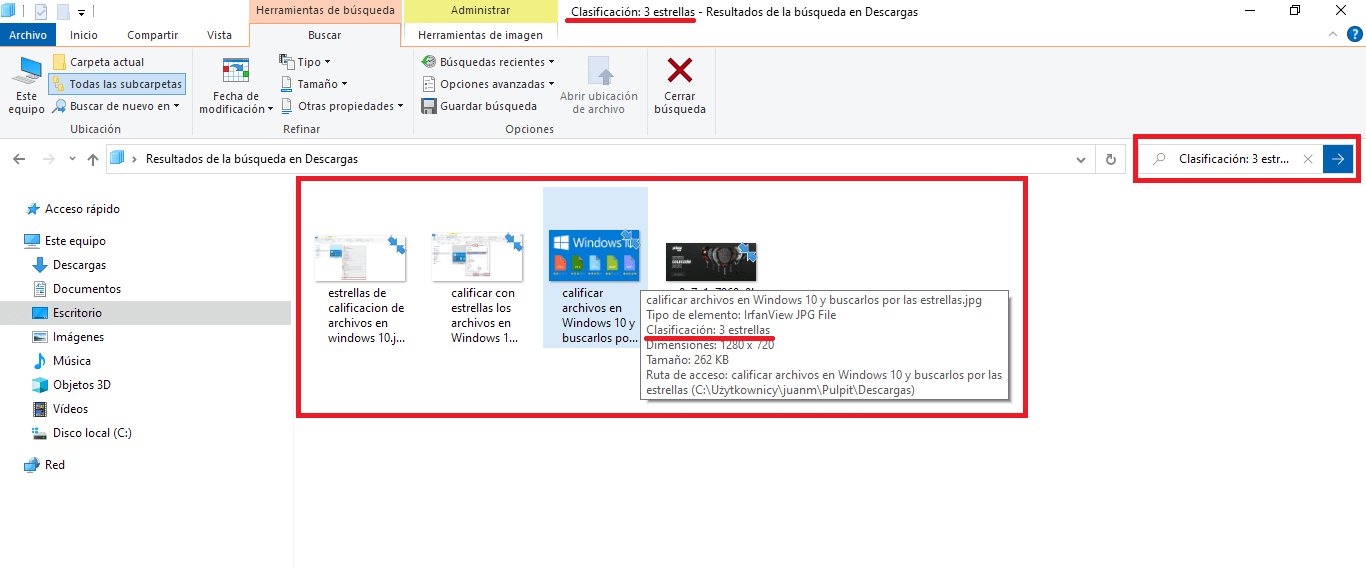 como buscar archivos usando la clasificación de estrellas en windows 10