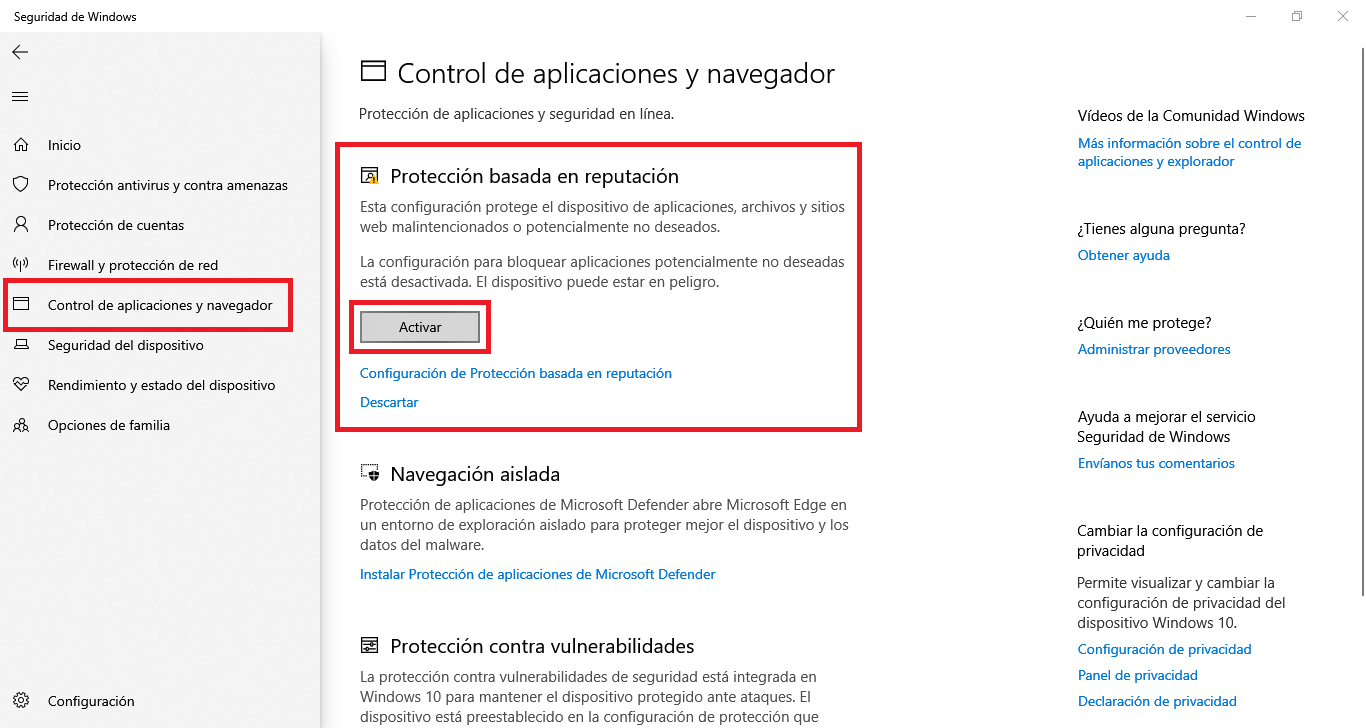 Configuración de protección basada en reputación. Windows 10