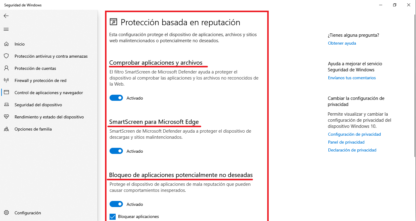 Windows 10 permite activar la Configuración de protección basada en reputación