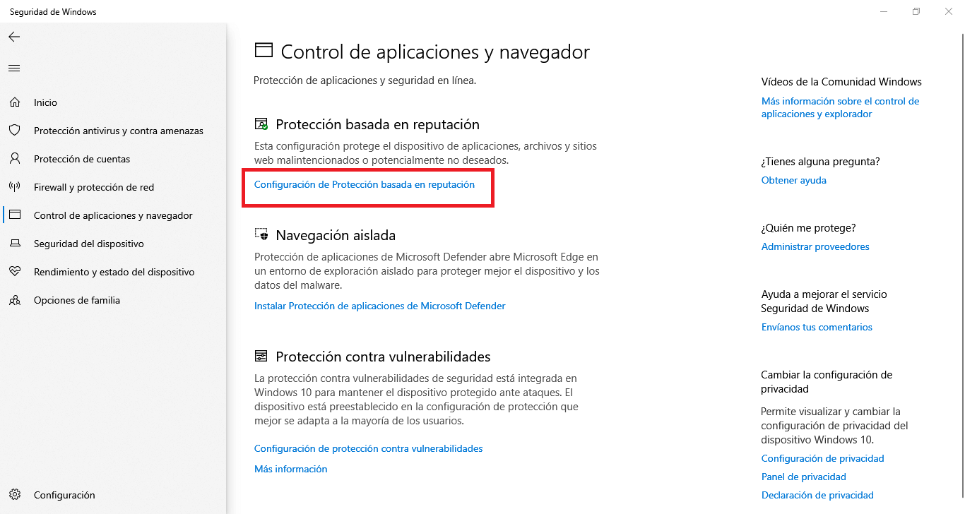 Como habilitar o desactivar la configuración de protección basada en reputación en windows 10