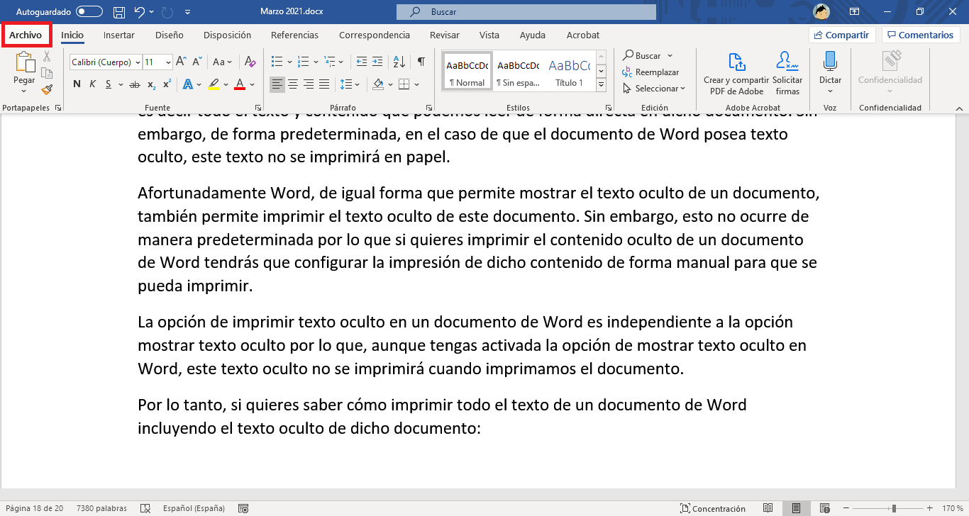 imprime documentos de word incluyendo los textos ocultos