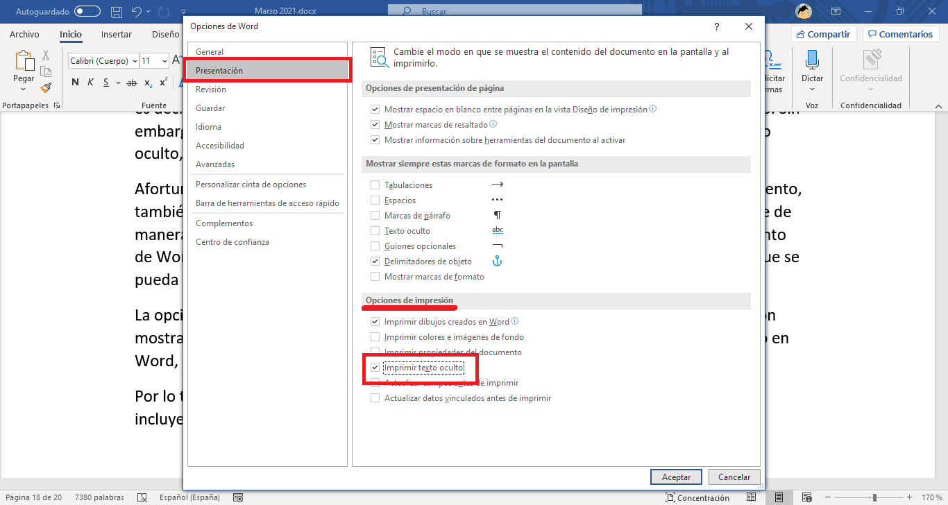 imprime cualquier documento de word incluyendo el texto oculto