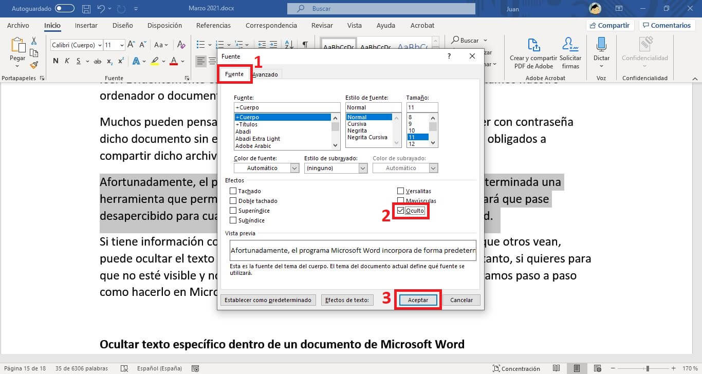 Como ocultar texto de un documento de Microsoft word