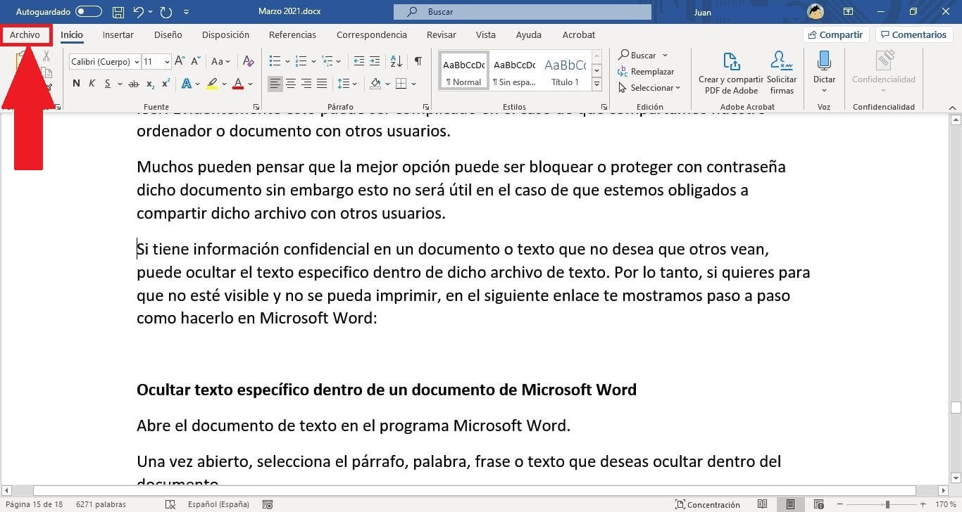 como ocultar texto de un documento de word