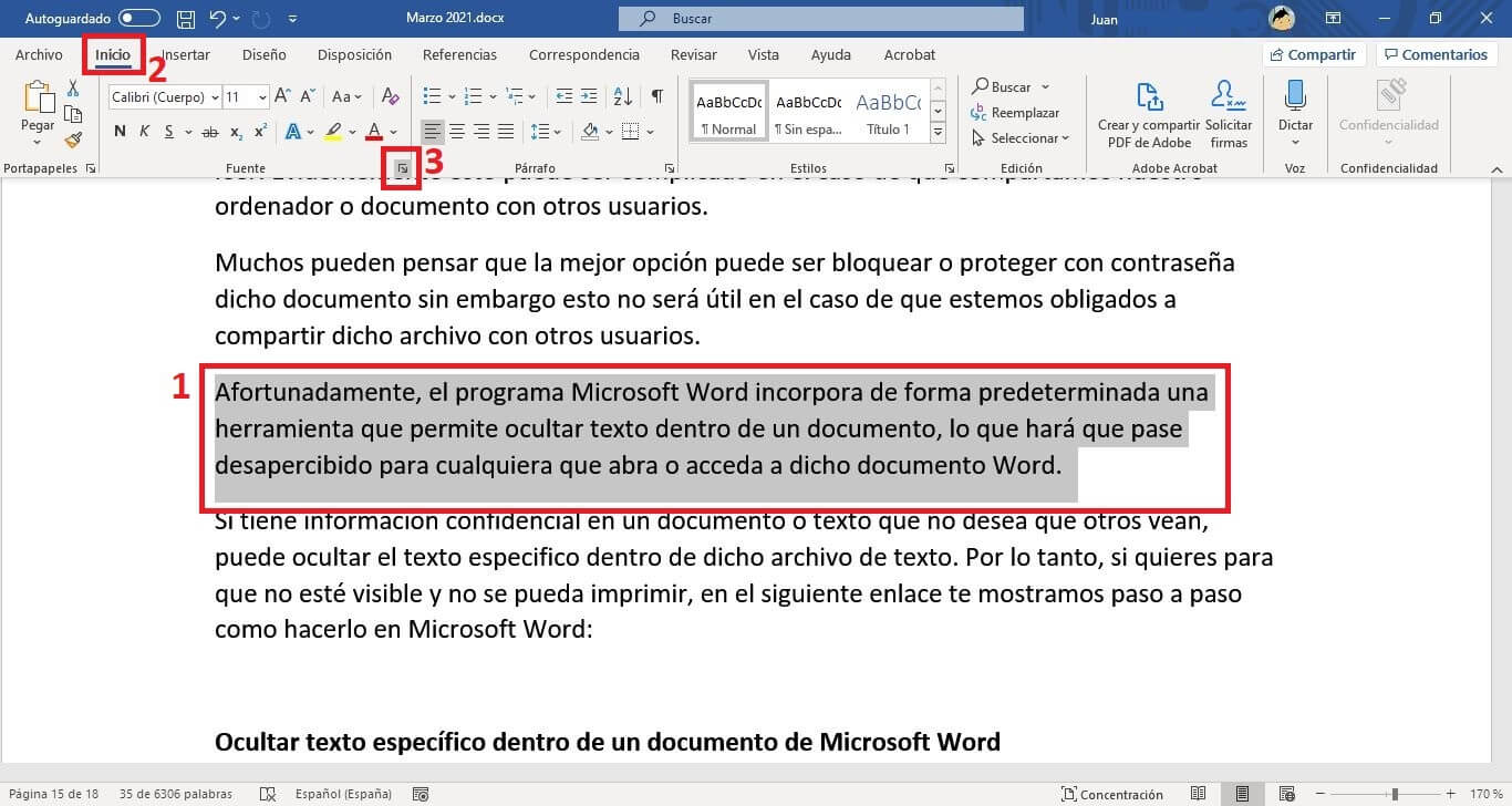 ocultar texto de un documento de word