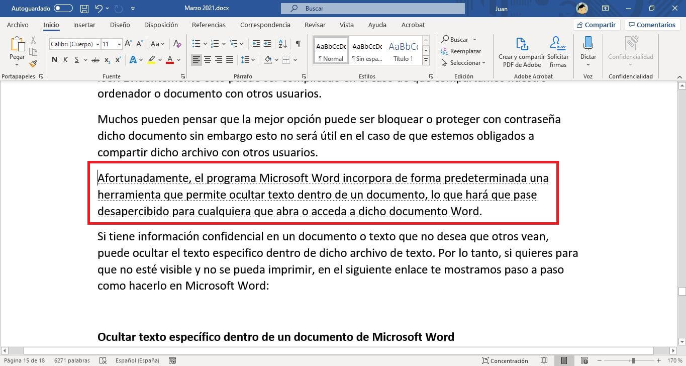 texto oculto en un documento de Microsoft Word