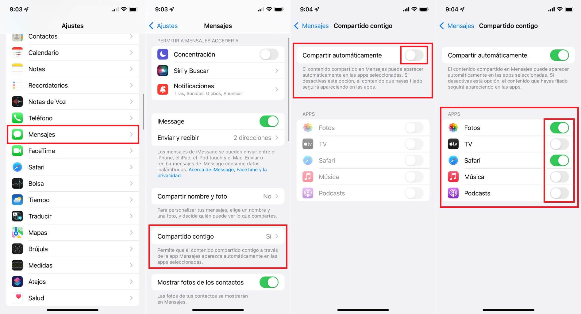 como activar o desactivar la función Compartiendo Contigo de la app Mensajes de iPhone con iOS