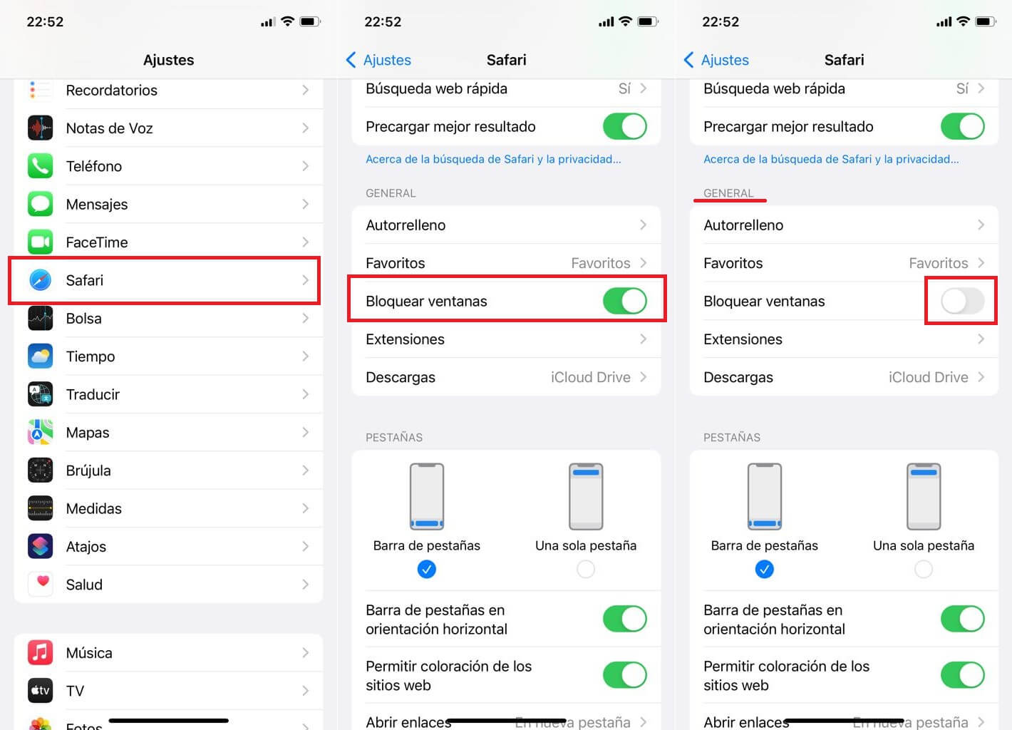 como activar o desactivar el bloqueo de ventanas emergentes de Webs en Safari de iPhone o iPad