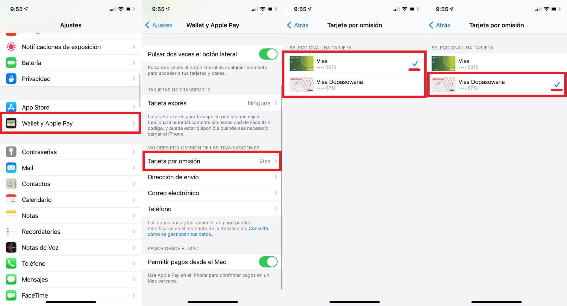 Como cambiar la tarjeta de crédito principal de la app Wallet de iPhone con iOS.
