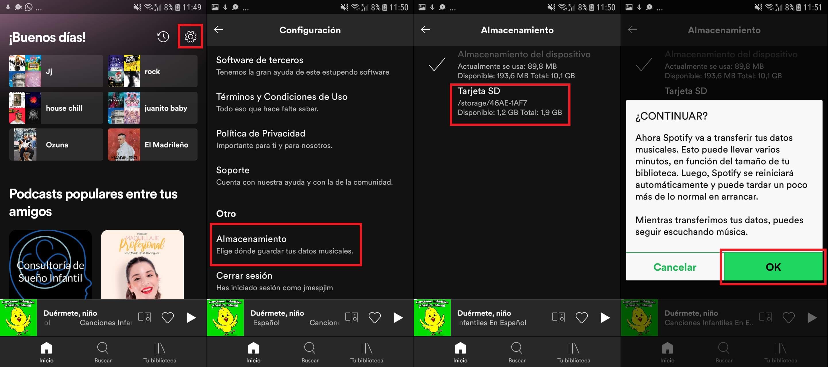 como cambiar la carpeta de la cache de spotify en Android