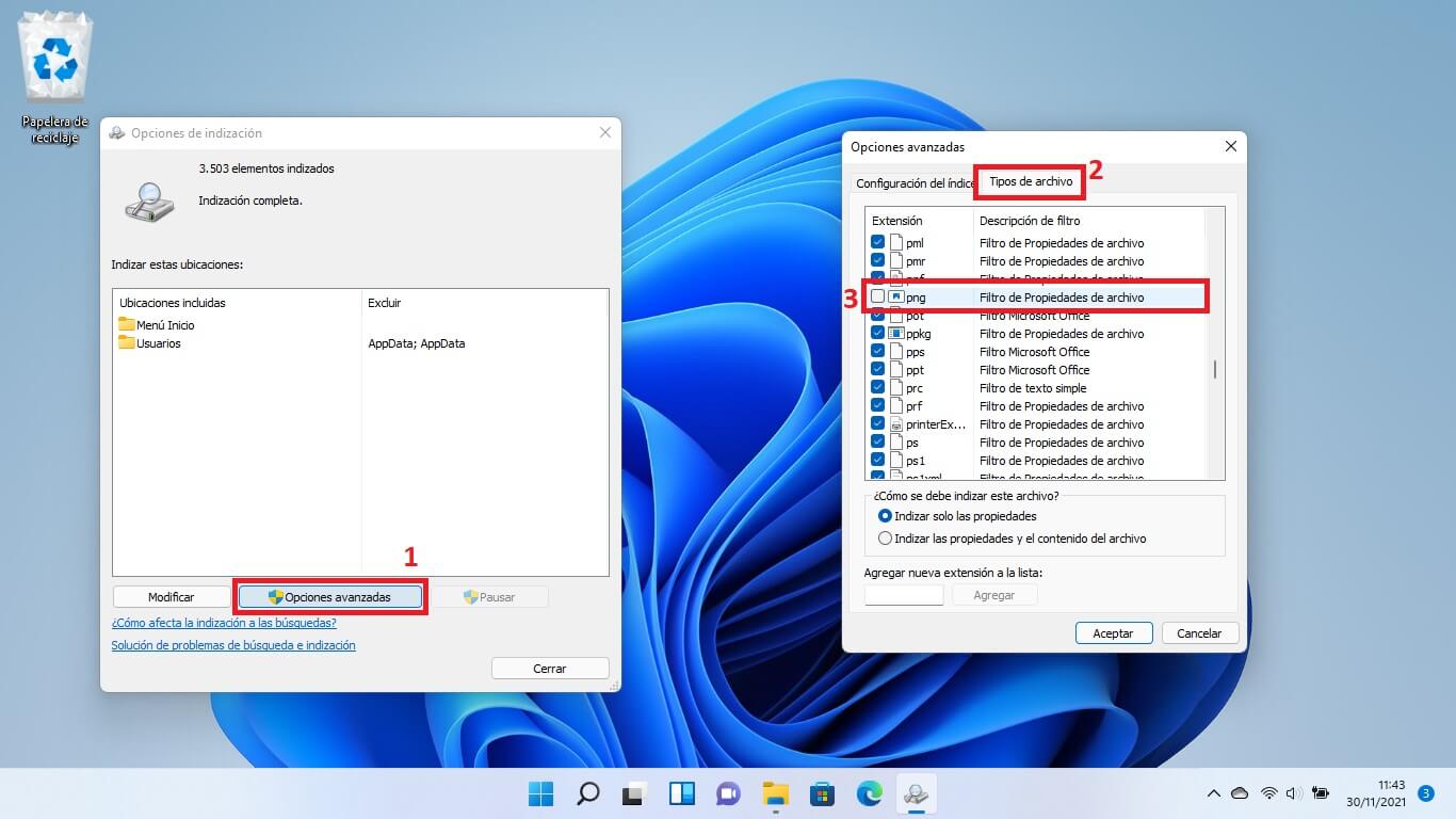 configurar la busqueda de Windows 11 para que un tipo de archivo no se muestre entre los resultados